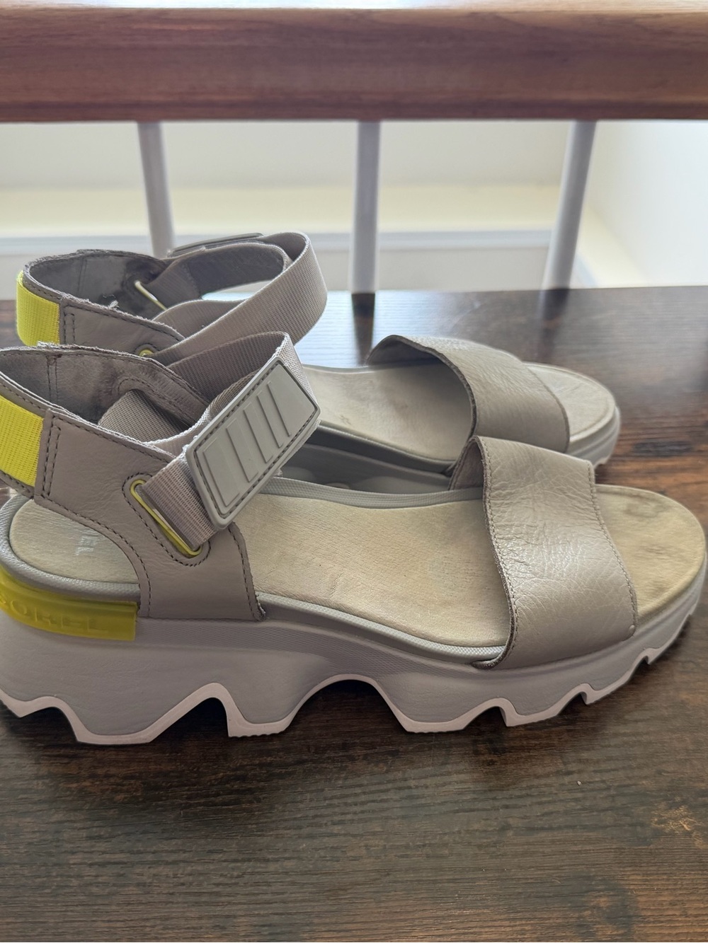 Sorel Gray Platform Sandals with Yellow Accents
